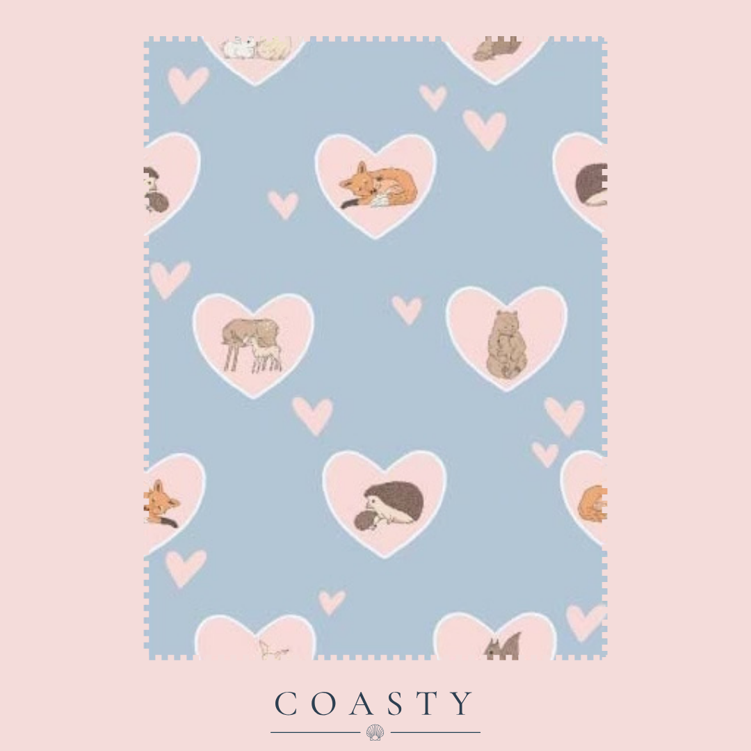 Valentines day print for bamboo pajamas with woodland animals and their babies