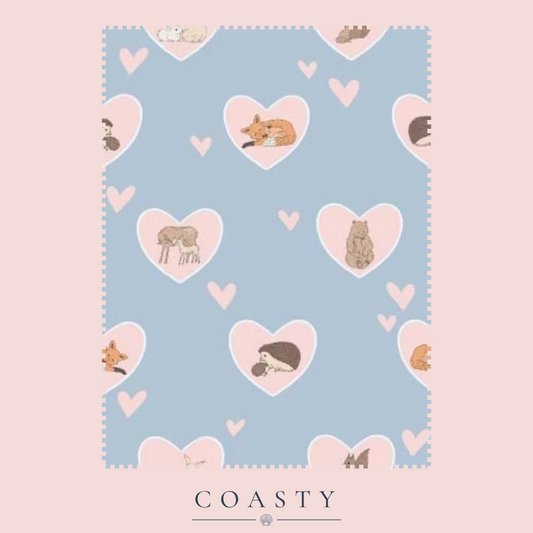 Valentines day print for bamboo pajamas with woodland animals and their babies