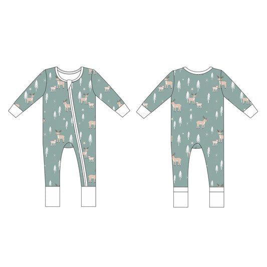zip-up pajamas with reindeer and green background, zip up pjs for babies, zip up bamboo jjs