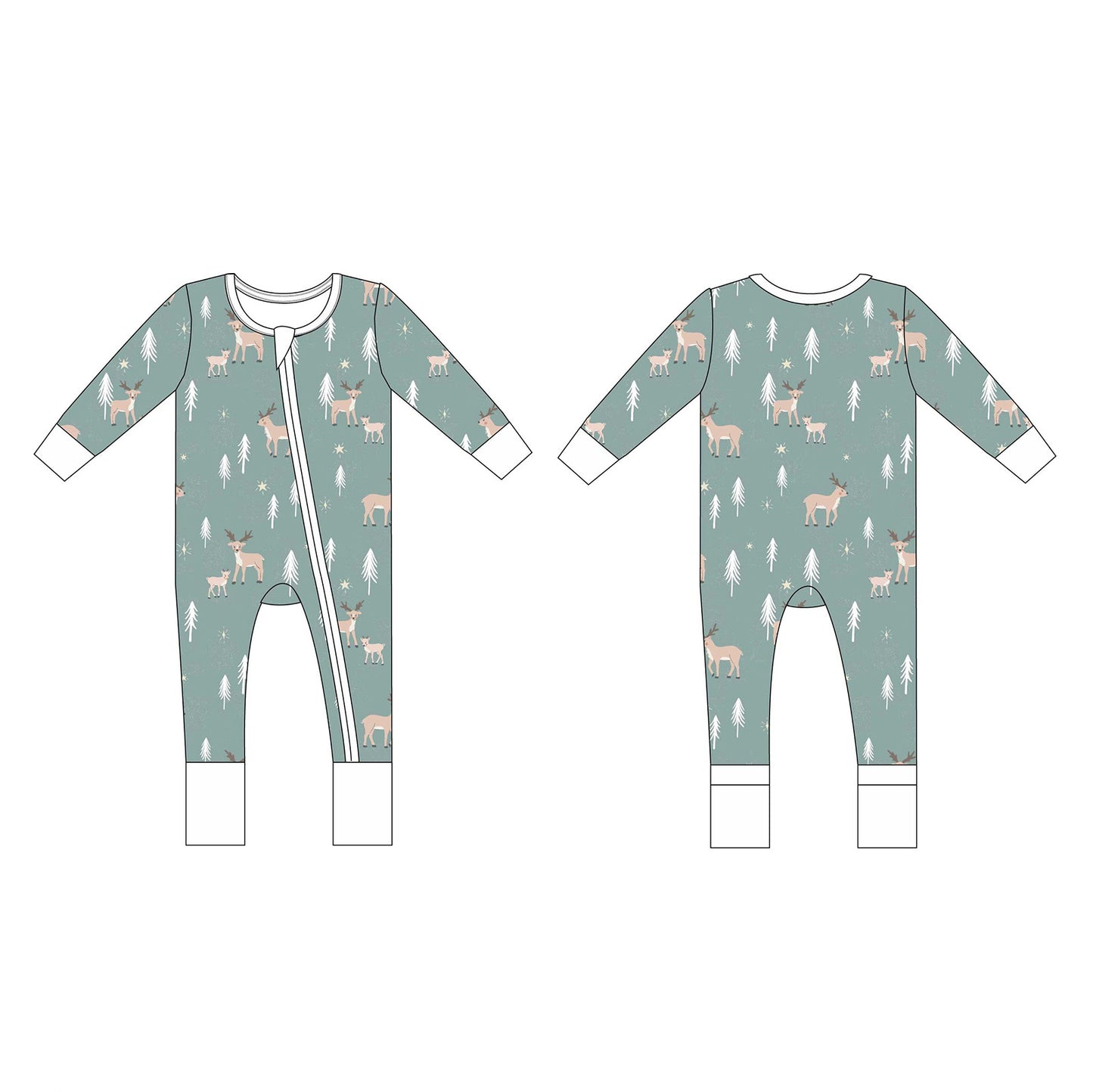 zip-up pajamas with reindeer and green background, zip up pjs for babies, zip up bamboo jjs